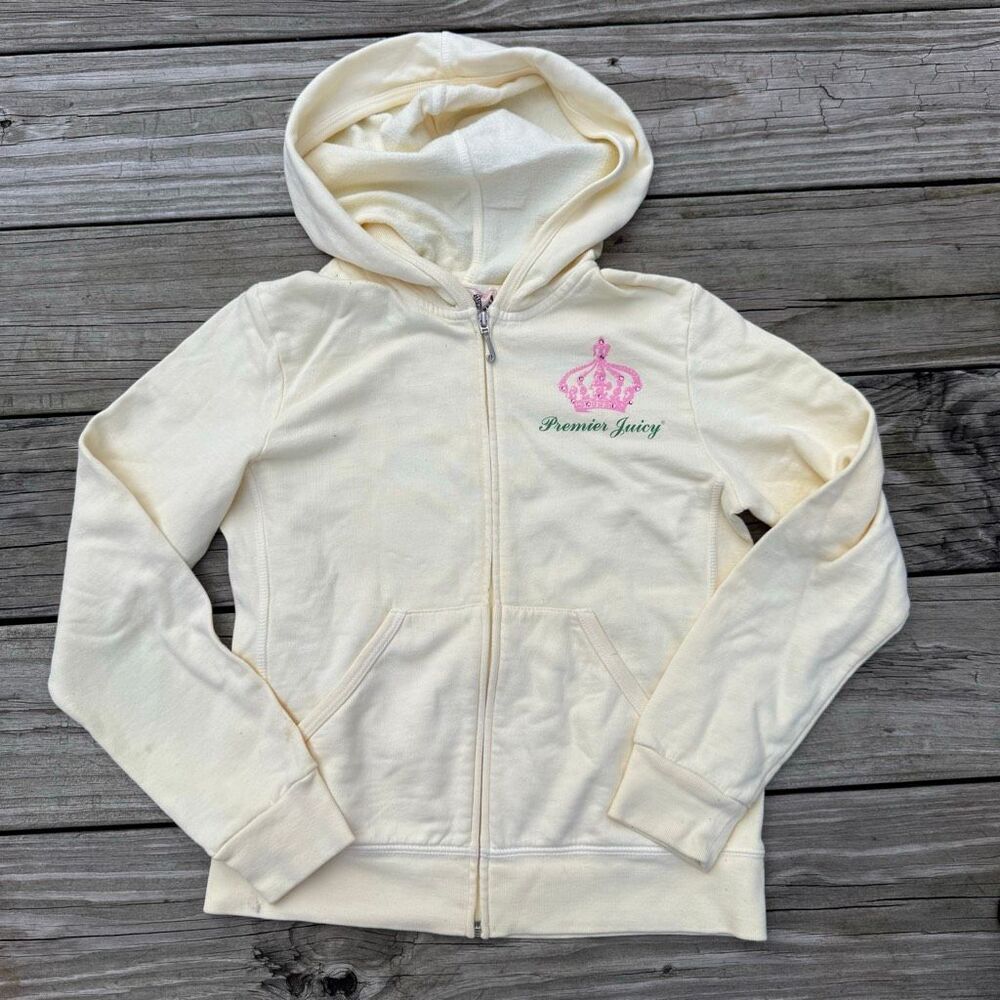 Juicy Couture Premier Juicy Cream Crown Rhinestone Zip Up Hoodie Youth 12 Women’